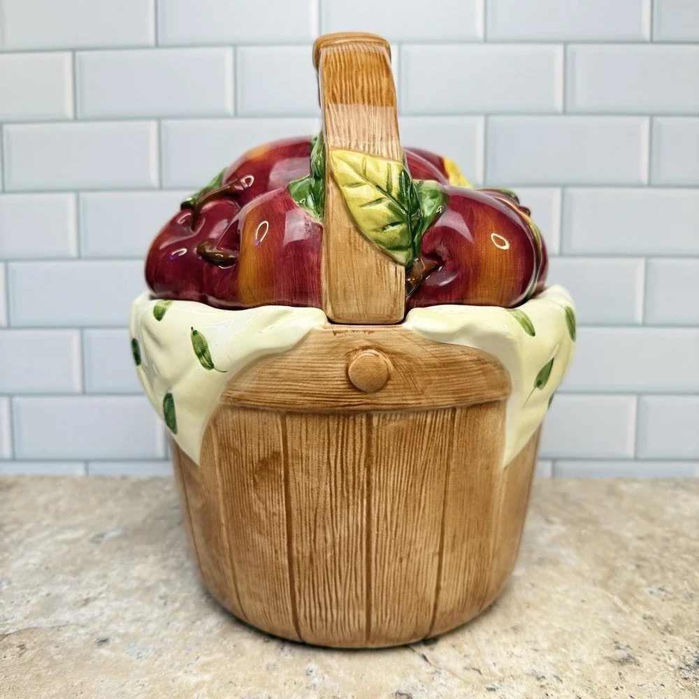 Vintage Cooks Club Porcelain Apple Basket Cookie Jar Collectible